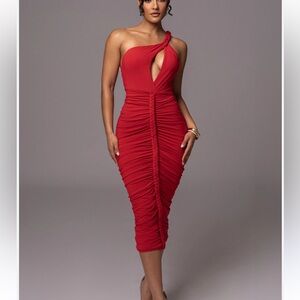 JLUXLABEL Red Jess Ruched Midi Dress NWT